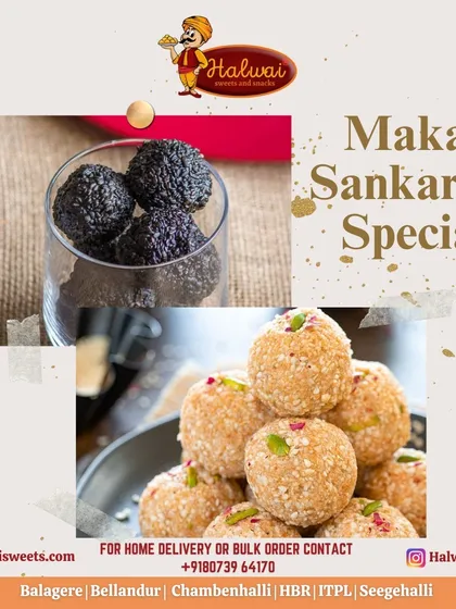 Our Makar Sankaradi Special includes traditional treats like black and white sesame ladoos, perfect for celebrating the harvest festival with authentic flavors.