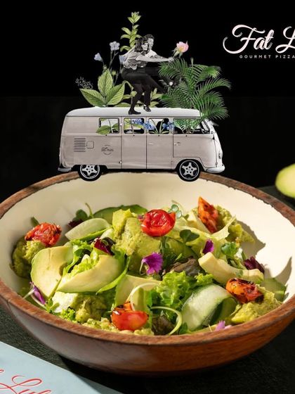 Our Avocado Salad is a journey of fresh flavors. This fun graphic captures the playful and healthy side of our menu.
