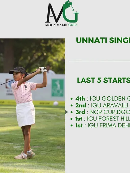 A player review for Unnati Singh, highlighting her fantastic results in her last five tournaments, including two wins.