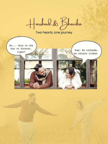 This graphic combines two key moments from the shoot with fun, conversational text. It’s a creative way to summarize their "journey to forever" theme, perfect for sharing on social media.