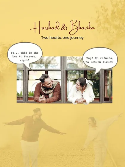 This graphic combines two key moments from the shoot with fun, conversational text. It’s a creative way to summarize their "journey to forever" theme, perfect for sharing on social media.