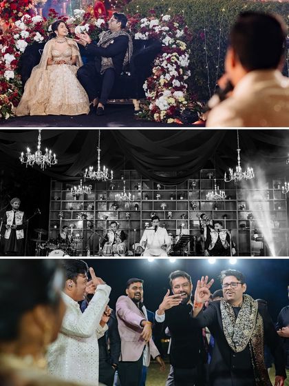 A collage showing the lively sangeet performances, with a live band and guests dancing with abandon.