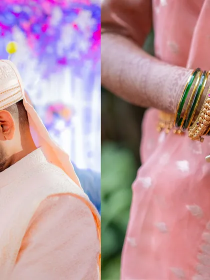 An artistic split-shot from the Haldi ceremony, showing details of the groom's attire and the bride's bangles.