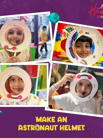 A collage of happy kids wearing the astronaut helmets they made from paper plates. It’s amazing what a little imagination and some simple craft supplies can do!