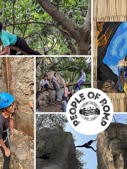 A collage celebrating Nikitha's journey, including her climbing themed artwork. It shows how climbing can inspire creativity in all aspects of life.