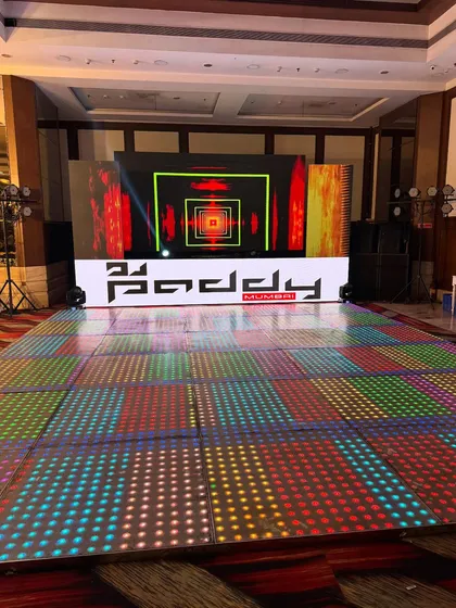 Another view of my setup from a Saturday night cocktail party. The combination of the LED floor and screen creates an immersive experience.