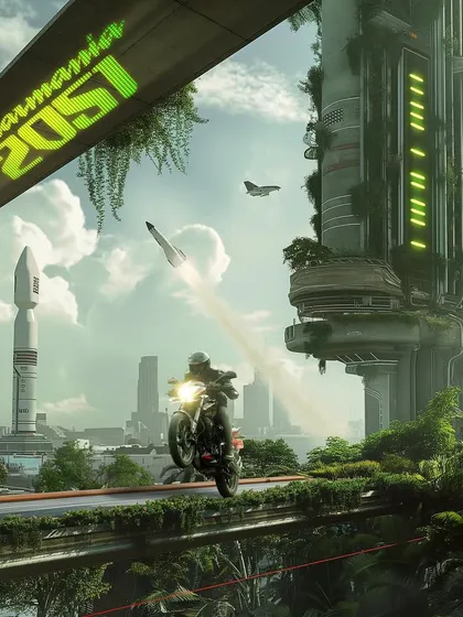 For brands, I imagine how their products could exist in a future India. Here, a Pulsar motorcycle navigates the "Aerobridges" of 2051, showing how I can create compelling, futuristic settings for commercial campaigns that feel both visionary and grounded.
