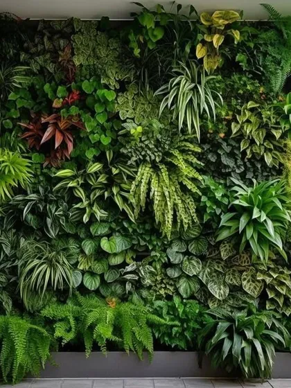 A close-up of another indoor vertical garden, showing the intricate detail and variety of the artificial plants used. This type of feature wall adds a powerful biophilic element to any interior space.