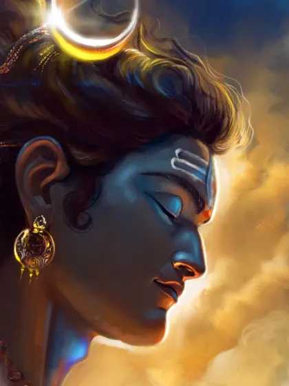 A close-up portrait of Mahadev in deep meditation. This cropped version of a larger piece focuses on his peaceful expression, the crescent moon, and the divine light emanating from him.