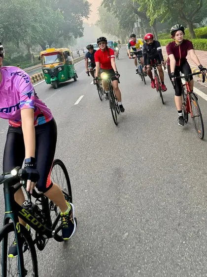 Our riders in action, enjoying the empty morning roads of Delhi during the Wednesday spin.