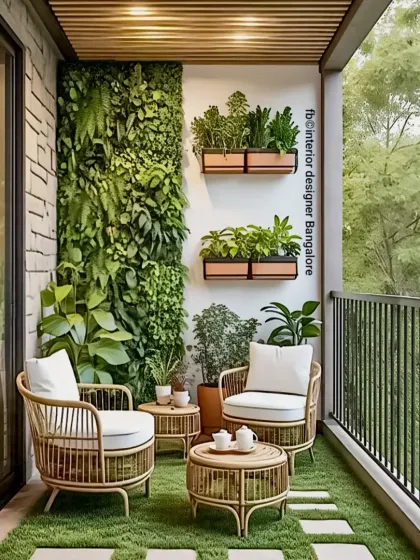 A cozy balcony setup with comfortable rattan chairs and a lush vertical garden. We used artificial grass with stone pavers to create a natural and low-maintenance outdoor space.
