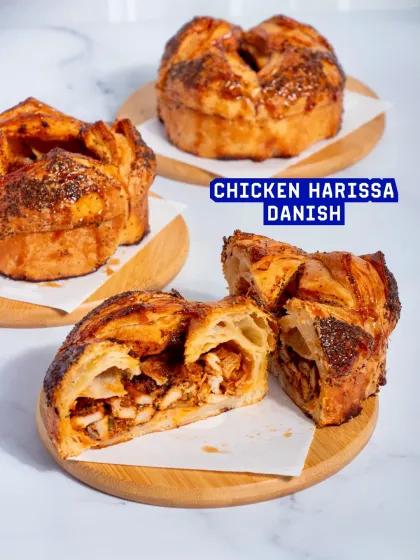 The Chicken Harissa Danish is a savoury masterpiece. Flaky pastry is filled with spicy, flavourful harissa chicken, creating a unique and satisfying bite that's perfect for lunch.