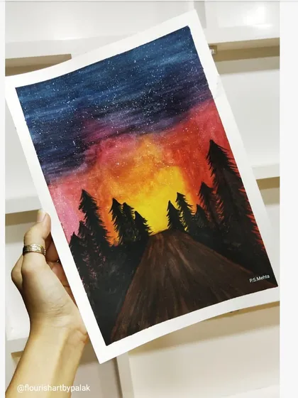 A quick watercolor painting of a starry night sky over a forest road. I made this during lockdown with limited tools, focusing on the beautiful blend of colors at sunset.