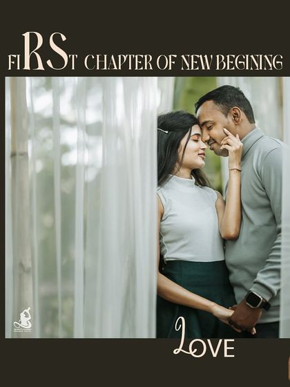 An elegantly designed graphic celebrating the 'first chapter' of a couple's new beginning, featuring a romantic portrait.