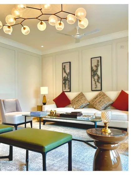 Another view of the DLF apartment living room, showing the carefully balanced composition of furniture and decor. The space is designed to feel both luxurious and comfortable.