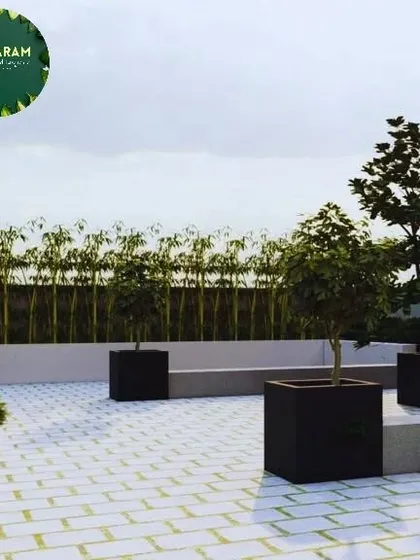 A design rendering for a patio space, showcasing a clean, white-tiled floor, minimalist planters, and a bamboo screen for privacy.