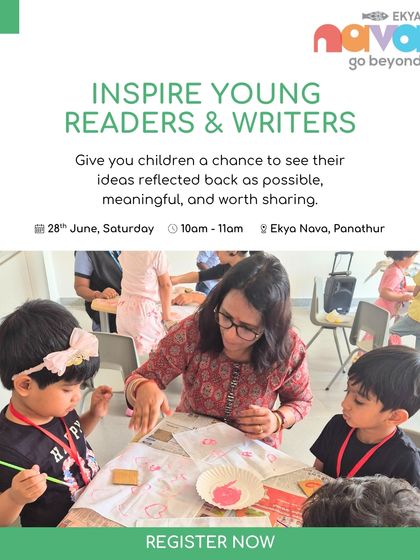 An instructor guides two young children in a hands-on art activity during our 'Inspire Young Readers & Writers' workshop. This image captures the nurturing and collaborative environment I foster to help ideas flourish.