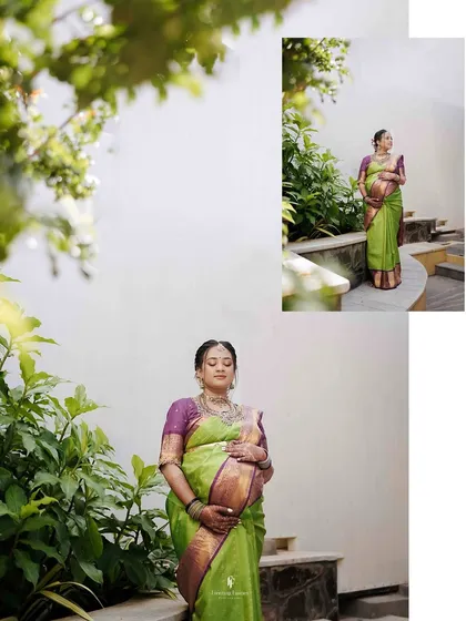 A thoughtful composition showing the mother-to-be in a moment of quiet reflection, surrounded by nature. This captures the peaceful side of the maternity journey.