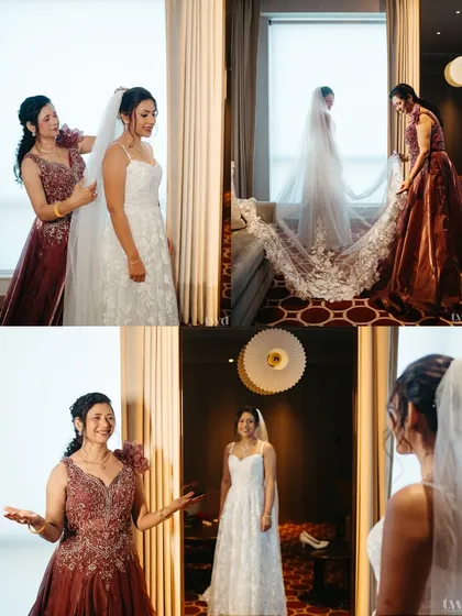A heartwarming collage of the bride's mother helping her with the veil. The pride and love in her mother's eyes make this a truly special moment.