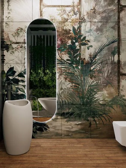 This view of the tropical-themed bathroom render highlights the freestanding pedestal sink and the reflection in the mirror. It shows how every element is carefully chosen to contribute to the overall lush and dramatic feel.