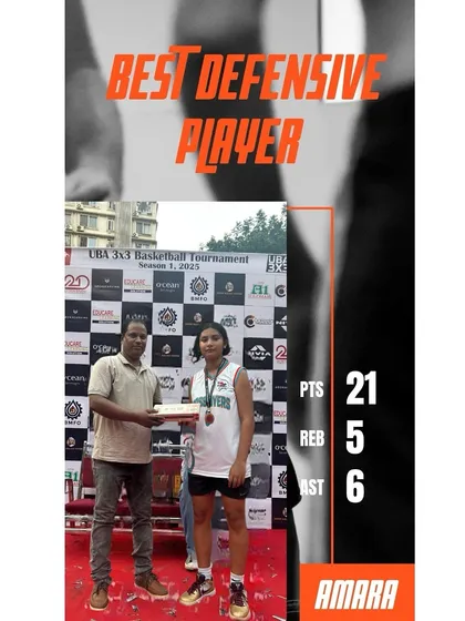 Recognizing Amara as the Best Defensive Player. Her stats of 21 points, 5 rebounds, and 6 assists highlight her impact on both ends of the court. Defend, destroy, dominate.