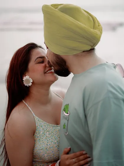 Pre-wedding shoots are all about capturing your natural chemistry. This candid moment on a Goa beach shows the fun and relaxed side of a couple's journey, with the ocean as our beautiful backdrop.