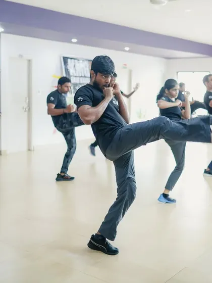 This action shot from our Third-Party Protection Seminar in Mangalore shows participants practicing powerful combatives. We teach you not only to fight for yourself but also to create distance and protect others.