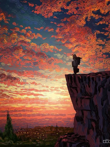 Here, I imagine Vincent at the end of a long journey, standing on a cliff overlooking a town at dusk. The sky is a turbulent swirl of post-impressionist color and emotion, reflecting the inner world of an artist who finds beauty even after emerging from darkness and isolation. This piece is about resilience and the profound beauty found in solitude.