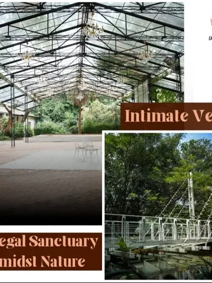 Discover Mukta, our unique forest-themed venue. This intimate setting features a beautiful glass pavilion, serene lily ponds, and a charming bridge, creating a magical sanctuary for weddings and private celebrations amidst nature.