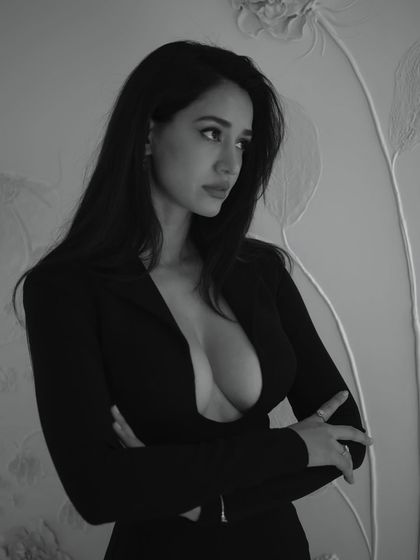 Another powerful shot from 'Gustaakh Ishq'. The hair and makeup were designed to be timeless and elegant, fitting the classic black and white aesthetic.