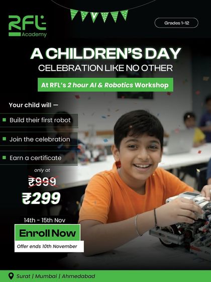 A celebration like no other. This poster details our special Children's Day workshop offer, where kids can build a robot, join the party, and earn a certificate.