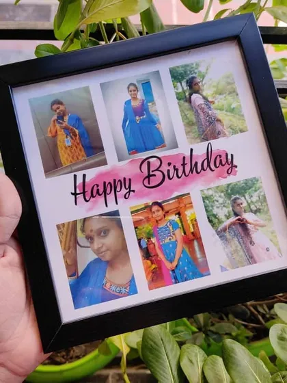 This 7x7 inch frame is designed for a birthday, featuring a "Happy Birthday" message and a watercolor splash effect behind the text.