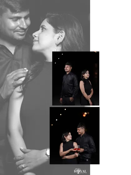A collage of a couple dressed in black, sharing a drink and an intimate moment in a softly lit night setting.
