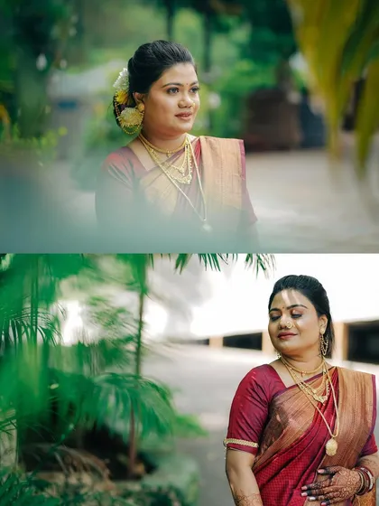 A set of two portraits of the bride in a garden. I use creative framing with foreground foliage to add depth and draw focus to her serene expression.