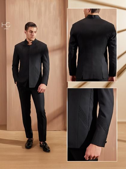 This collage showcases a black bandhgala set that is both timeless and modern. I focused on a sleek silhouette with subtle textured detailing on the sleeve for a refined finish.