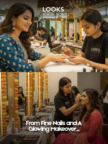 Let me glam you up for the festive season. This image shows a client getting her nails and makeup done, getting her ready to shine for celebrations like Diwali.