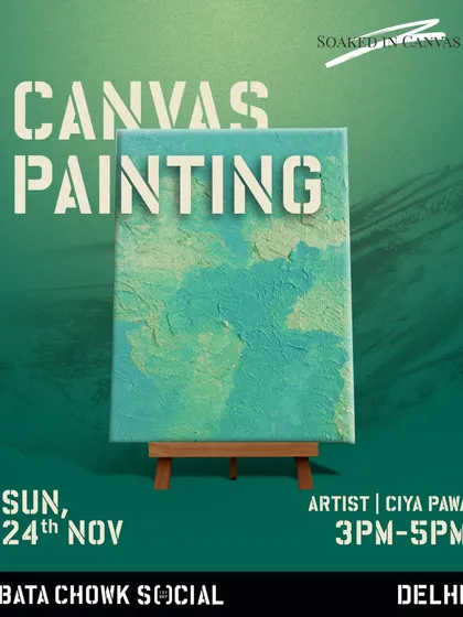 A poster for our textured canvas painting workshop at Bata Chowk Social, showing an example of the beautiful abstract art you can create.