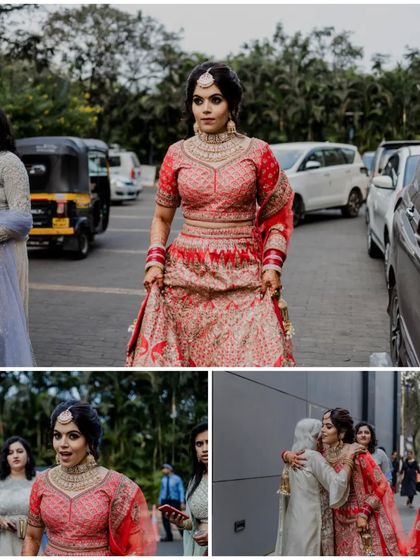 A collage capturing the bride's journey, from her confident walk to an emotional hug.