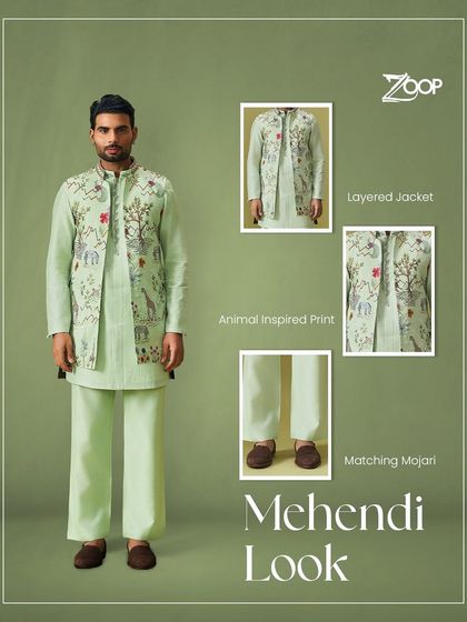 Here is the perfect Mehendi look. This outfit breaks down the elements of style: a layered jacket with animal-inspired prints from the Vanderphool collection, paired with matching mojris.