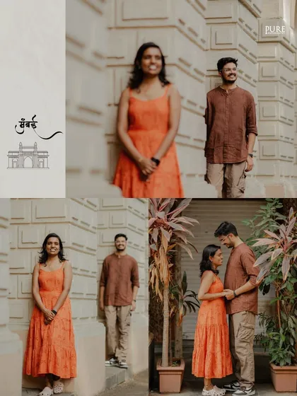 A collage from Nikit and Anusha's Mumbai pre-wedding shoot, featuring a mix of candid and posed shots near the Gateway of India, telling the story of their day in the city.