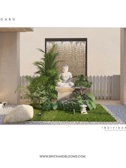 In this third moodboard option, we proposed a glass water wall behind the Buddha statue. This feature would add the soothing sound of flowing water and create beautiful light reflections throughout the day.