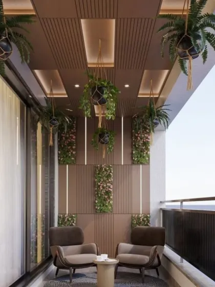 We used a combination of hanging planters, wall-mounted vertical gardens, and floor planters to create a multi-layered green space. The brown slatted wall panels and ceiling provide a warm, earthy contrast to the vibrant foliage.