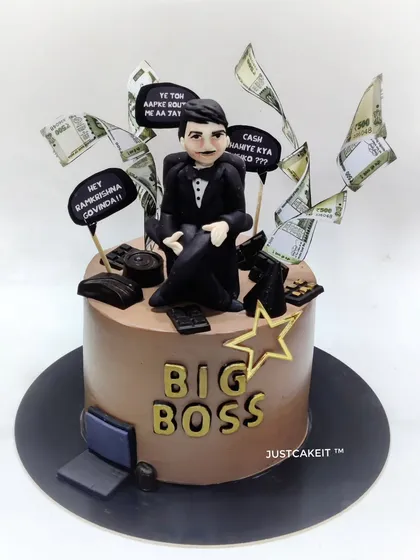 A "Big Boss" cake for a finance head, featuring a caricature, edible money, and funny, inside-joke speech bubbles.
