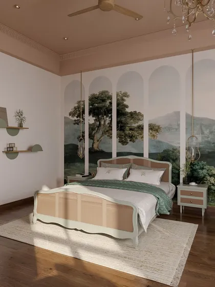 This guest bedroom features a refreshing green palette and a stunning arched wallpaper depicting a forest scene. The design feels energetic and playful, yet remains sophisticated with its classic furniture and elegant details.