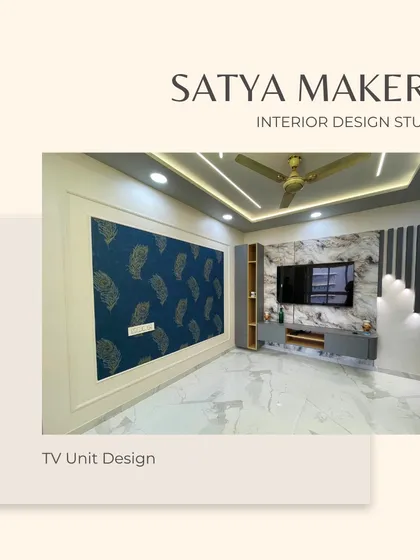 A concept for a TV unit with a blue feather-patterned wallpaper accent.