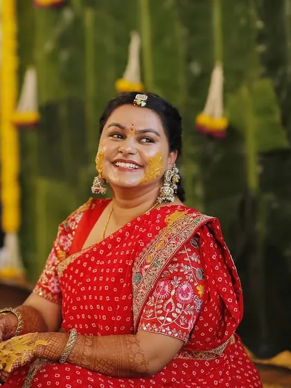 The Haldi ceremony in full swing. The makeup is waterproof and designed to withstand all the fun and rituals of the day.