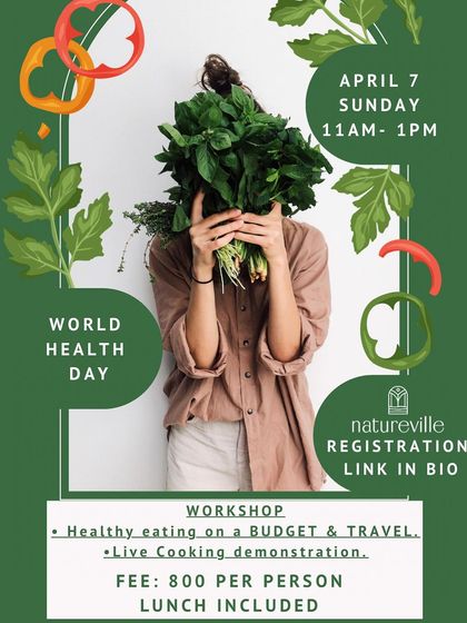 My World Health Day workshop focused on a crucial topic: healthy eating on a budget and while traveling. This poster advertised the event, which included a live cooking demonstration and a delicious plant-based lunch.