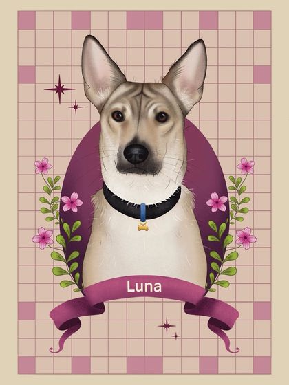 This variation of Luna's portrait features a pink checkered background. It demonstrates how a simple change in the background can alter the mood of the illustration while keeping the focus on the pet.