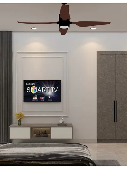 A minimalist 3D bedroom design featuring a simple floating TV unit and a freestanding wardrobe. The clean layout and neutral colors create a sense of calm and space.