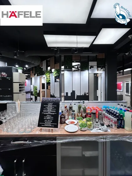 Beyond food, I provide complete beverage solutions. This is a live bar setup from an exclusive cocktail dinner for Häfele's investors, fully stocked with a range of drinks, glassware, and a professionally designed menu to complement the evening.
